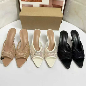 Sandalias de tacón alto con bordado y cuentas, sin espalda, de malla, elegantes y versátiles, con punta abierta y tacón de aguja para mujer - Product Image 1