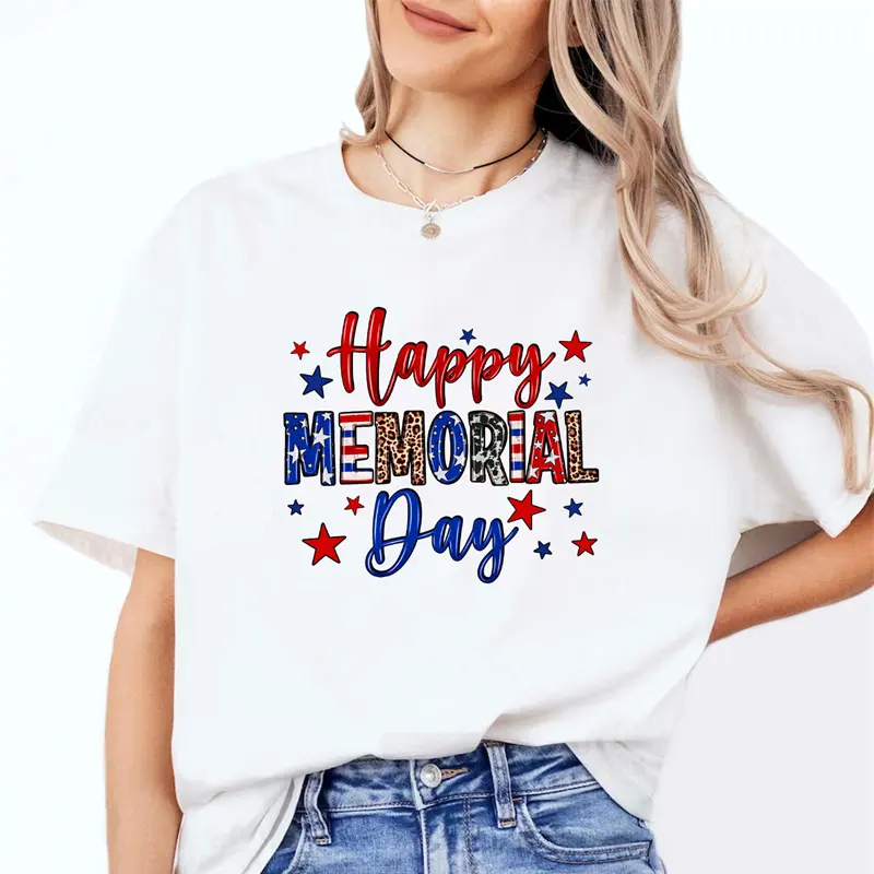 Joyeux jour commémoratif lettre imprimer femmes t-shirt à manches courtes O cou lâche loisirs et ample ajustement dames t-shirt hauts vêtements