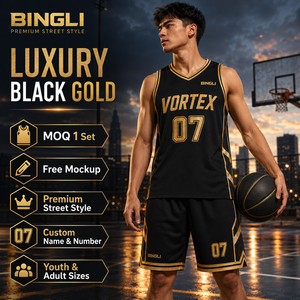 Maillot de basketball de luxe <span class=keywords><strong>noir</strong></span> <span class=keywords><strong>et</strong></span> or VORTEX, design premium, style urbain, sublimation personnalisée avec nom <span class=keywords><strong>et</strong></span> numéro, pour hommes <span class=keywords><strong>et</strong></span> femmes, mode urbaine, grandes tailles - Product Image 1