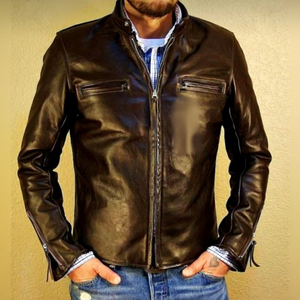 BS International Genuine Sheep Cow Leather Canvas <b>Racer</b> <b>Jacket</b> NA188 Mandarin Collar Waterproof Windproof Casual Winter Coat - Product Image 3