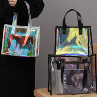 Sac fourre-tout transparent en PVC 33x27x12cm, matériau holographique irisé laser avec poignée renforcée, logo personnalisé pour cadeaux et vente au détail