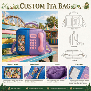กระเป๋า Ita Bag แบบสั่งทำพิเศษ ดีไซน์โทรศัพท์โบราณ สีม่วงน้ำเงิน หนัง PU หน้าต่าง PVC ใส พร้อมช่องโชว์เข็มกลัดเคลือบเงา กระเป๋าสะพายข้างสำหรับผู้หญิง - Product Image 1