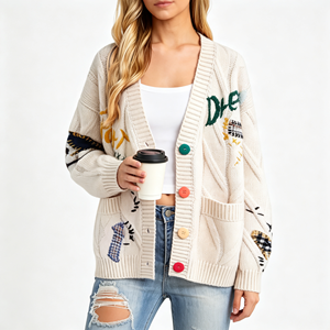 Hot Sale <strong>Oversize</strong> V-neck Embroidery Jacquard Knitted Latest Design Ladies <strong>Cardigans</strong> With Pockets Loose <strong>Cardigans</strong> Sweater Women - Product Image 1