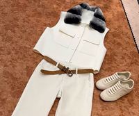 Gilet 100 % laine pour femme, coupe décontractée, fermeture à boutons-pression, poches plaquées, col en fourrure de lapin Rex