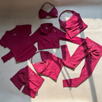 Ensemble de yoga et fitness sans couture personnalisé 7 pièces : T-shirt de sport uni, pantalon de yoga, short taille en V, short de course, tenue de sport active Df