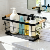 Organisateur de rangement rectangulaire moderne et écologique pour cuisine, avec base en bois multifonctionnelle, panier en fil métallique et poignées, étagère de rangement