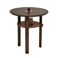 Table d'appoint ronde en bois nordique moderne, table en bois massif de frêne vintage avec étagère de rangement, finition fumée pour salon
