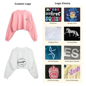 Luxury Custom Print Logo Sweatshirt Cotton Polyester Fleece Hoodies Woman Plain Crew Neck Cropped Top Sweatshirt For Women