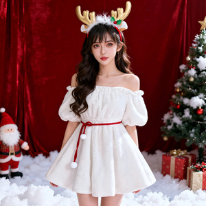 Robe de Noël blanche à épaules dénudées, coupe trapèze, avec bandeau tête de renne, tenue de fête de fin d'année - Product Image 4