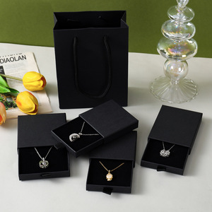 Boîte à tiroirs de collier noire rectangulaire personnalisée avec doublure en coton boîte-cadeau et sac de présentation de bijoux - Product Image 5