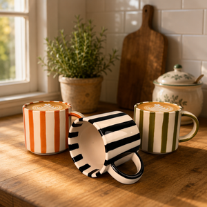 Mug en céramique peint à la main, noir avec rayures crème, finition brillante, 11 oz, <span class=keywords><strong>tasse</strong></span> à café, logo personnalisé, directement de l'usine - Product Image 3