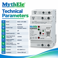 Commutateur de transfert automatique à double alimentation MythEle MXS1-ATS-80A 2P 80A 220V AC, rail DIN 35mm pour générateur, alimentation de secours solaire photovoltaïque