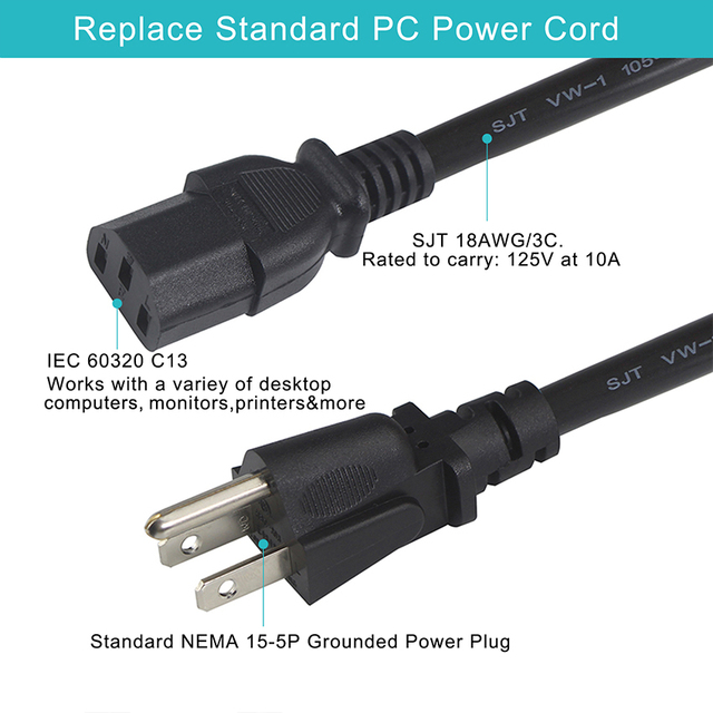 Power Cord US, NEMA 5-15P to IEC C13, 3 Prong AC Power Cable, UL Certified, 125V 10A, for Computer Monitor, OEM ODM Service
