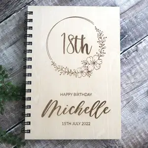 Buku catatan kayu A5 personalisasi sampul kayu Spiral terikat Notepad hadiah ulang tahun kreatif buku catatan desain bunga kayu