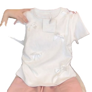 Nouveau T-shirt d'été à manches courtes pour étudiante, col rond, couleur unie, avec nœud mignon - Product Image 2