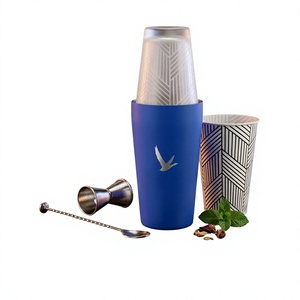 Blue Insulated Cocktail Shaker Set with Geometric Pattern and Stainless Steel Jigger for Beverage Mixing - Product Image 1