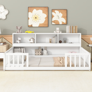 Lit de rangement pour enfants en bois massif blanc avec étagère et barrières de sécurité pour chambre à coucher - Product Image 4