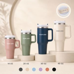 Vente en gros de gobelets isothermes en acier inoxydable pour adultes, mini, 14 oz et 20 oz, anti-fuite, sans BPA, avec poignée et logo sur le couvercle - Product Image 1