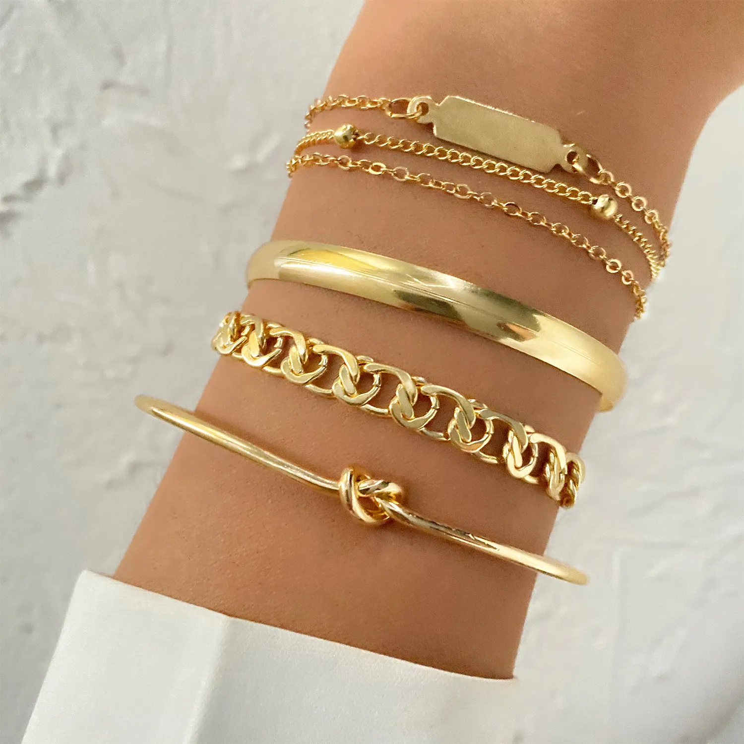 Vkme conjunto pulseira banhada a ouro, conjunto de 4 peças de pulseiras de ouro, polido, dourado, joias para mulheres