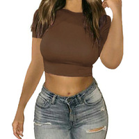 Haut pour femmes été nouveau col rond coupe ajustée couleur unie T-shirt à manches courtes haut pour femmes OEM