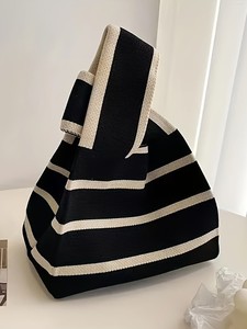 Bolso de mano de punto con bloques de color y rayas horizontales, informal, portátil, para mujer, para uso diario al aire libre - Product Image 5