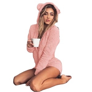 Venta caliente Otoño e Invierno pijamas de felpa lindo oso orejas dibujos animados cálido dormir vestido mujer mono pantalones cortos ropa de casa - Product Image 2