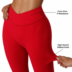 Women Premium Red Ribbed Three Piece Yoga Set with Long Sleeve Zip Jacket V Neck Sports Bra and <b>Cross</b> V High Waist Leggings - Product Image 2