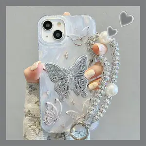 Ins style coquille paillettes papillon plume texture dames protéger coque de téléphone avec chaîne pour iPhone 14 15 13 12 11 Pro Max