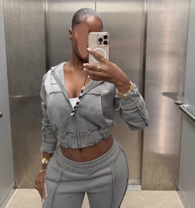 Custom 2024 Latest Acid Wash Distressed Embroidery Tracksuits Sweatsuits Jogger <strong>Suits</strong> <strong>Flared</strong> Sweatpants and Hoodie Sets Women - Product Image 2