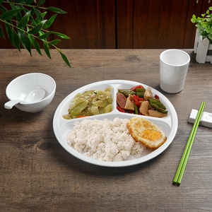 A5 <b>melamine</b> white six-compartment dinner <b>plate</b>, factory school canteen tableware, imitation porcelain round multi-compartment - Product Image 1