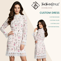 Robe Courte Vintage Rose à Motifs Floraux en Dentelle Creuse pour Femme, Col Montant à Volants, Manches Longues, Poignets en Dentelle Festonnée, Usage Quotidien, Vente en Gros