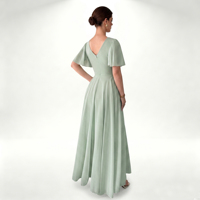 Robe longue élégante en mousseline de soie pour femme, col en V, coupe trapèze, manches à volants, taille naturelle, couleur unie, romantique, été-automne, fermetures éclair