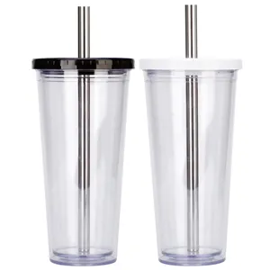24oz Double Wall Leakproof Smoothie Beverage Custom Tumbler Plastic Cups With Straw
