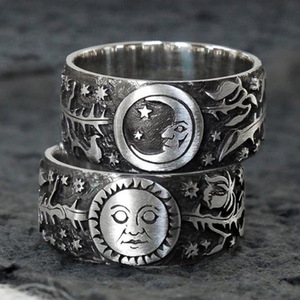 Anello vintage in rame con motivo sole e luna, design retrò unico, gioiello da dito impilabile per tutti i giorni, regalo perfetto - Product Image 1