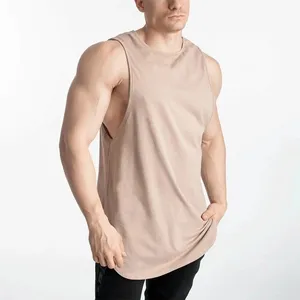 Gevşek fit uzun çizgi bambu tankı üstleri kavisli hem kolsuz erkek tank top spor salonu