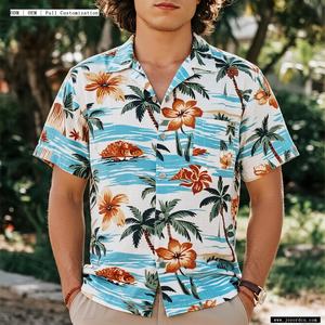 卸売カスタムロゴデザイン90％ポリエステル10％スパンデックスメンズカジュアルシャツビーチウェアボタンアップリゾートビーチハワイアンシャツメンズ - Product Image 2