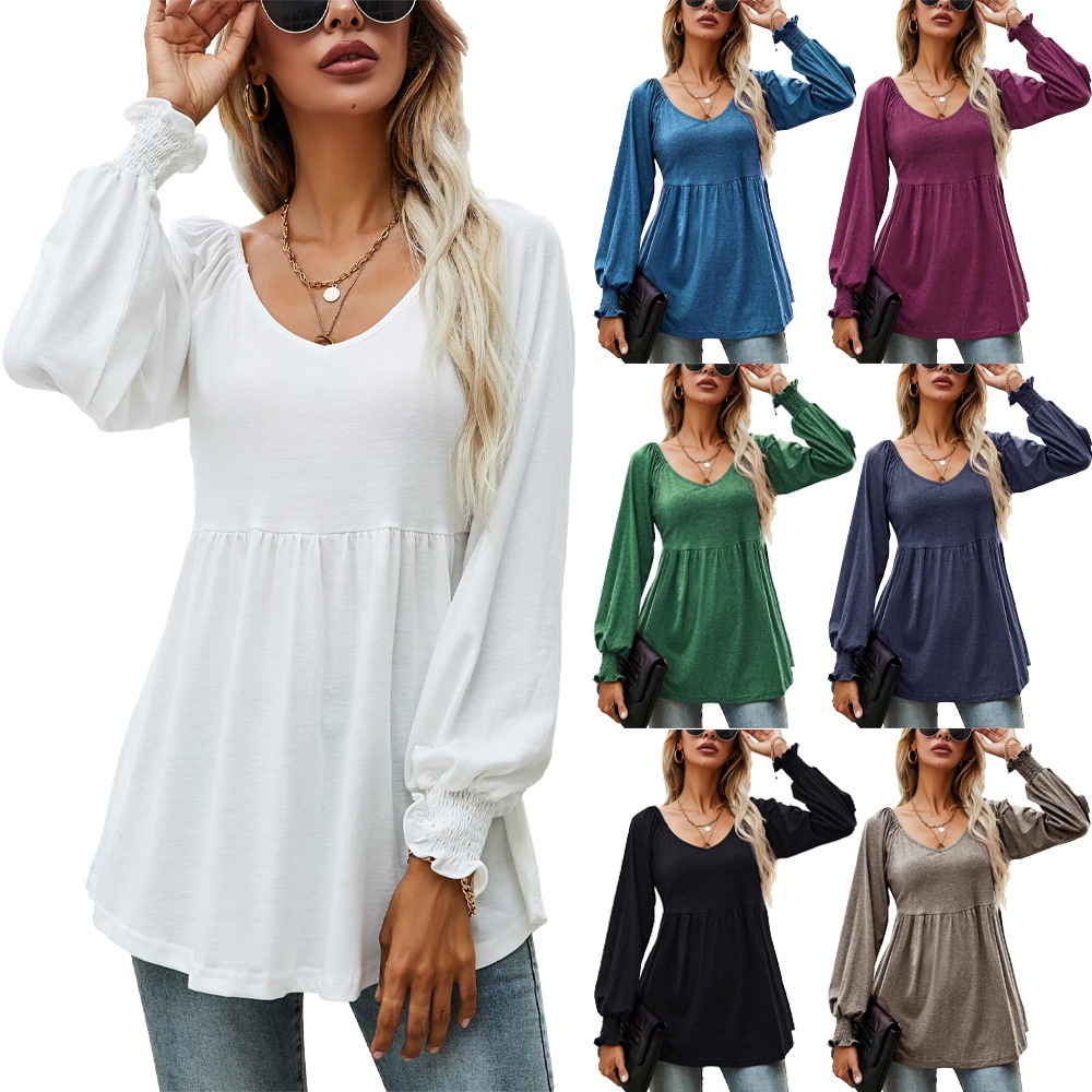 2022 Custom High Quality women's v-neck puff long-sleeve top Ladies Long Sleeve Blouses For Women