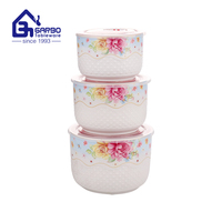 Lot de 3 bols à soupe ronds en porcelaine fine (New Bone China) avec couvercles – 290 ml, 540 ml, 930 ml – Vaisselle en céramique pour le stockage