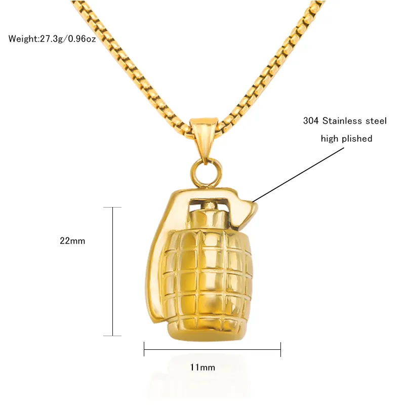 Elio New Fashion Gold Silver Ruby Cross Necklace Stainless Steel Hand Grenade Pendant for Men