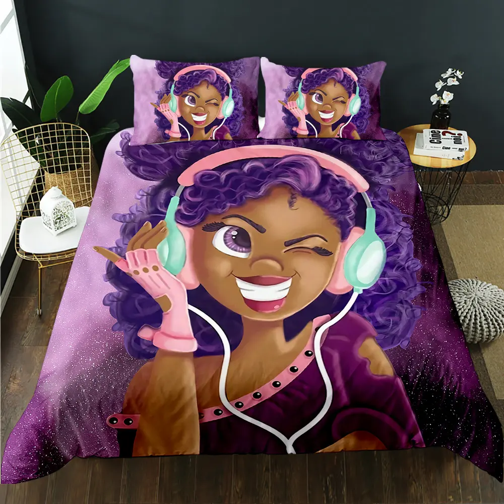 3D black art girls' quilt cover bedding customized name African American love music purple hair set