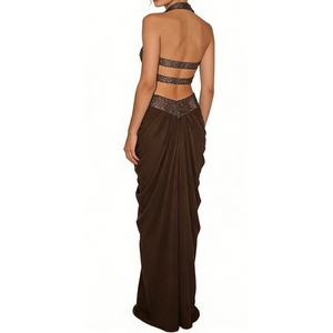 Ensemble de soirée 2 pièces marron pour femme : haut dos nu et jupe longue froncée à paillettes – Tendance - Product Image 3