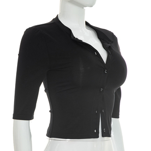 Viviblook Y26TP222 Women's Summer T-shirt New Arrival Simple Solid Color Buttoned <b>Crop</b> <b>Top</b> for Ladies - Product Image 2