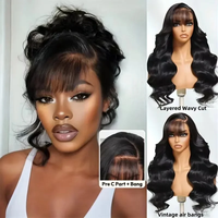 Pre Everything Flauschige Body Wave Echthaarperücken, kleberlos, 250% 13x4 HD Lace Front Perücke mit Air Bangs, intakte Schuppenschicht, Rohhaarperücken