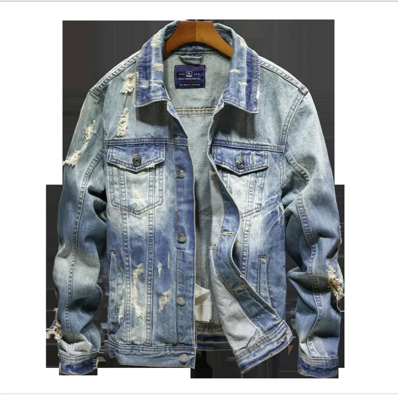 도매 공장 클래식 기본 고품질 청바지 재킷 힙합 찢어진 고민 구멍 빈티지 일반 남성 데님 재킷