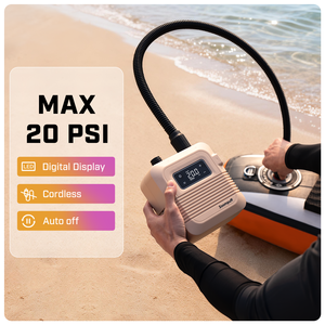 ปั๊มลม <span class=keywords><strong>SUP</strong></span> อัจฉริยะแรงดันสูง 20PSI แบตเตอรี่แบบชาร์จได้ ระบบเติมลมและปล่อยลมอัตโนมัติแบบสองขั้นตอน ปิดอัตโนมัติ - Product Image 3