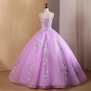 Purple Evening Gown With 3D Floral Embroidery Puffy Skirt Women Stage Performance Long Dress Slim Fit Adult Size - Product Image 2