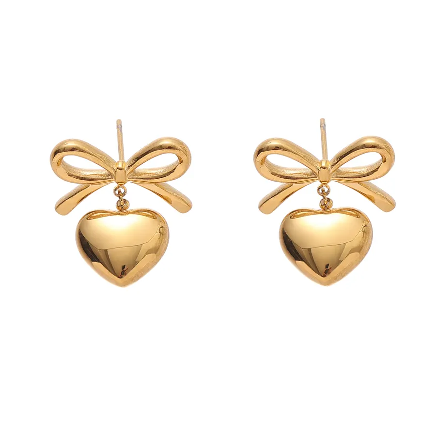 18K PVD Gold Plated Stainless Steel Heart Stud Earrings Trendy Bowknot Drop Jewelry Women Wedding Engagement Fashionable Gift