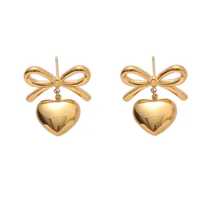 Pendientes de tuerca de corazón de acero inoxidable chapado en oro PVD de 18K, joyería de gota con lazo a la moda, regalo de moda de compromiso de boda para mujer