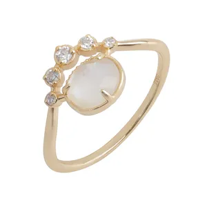 Joacii 925 Sterling Silver 14K Gold Plated Gemstones Bubble Clouds Shell Natural White Crystal Ring