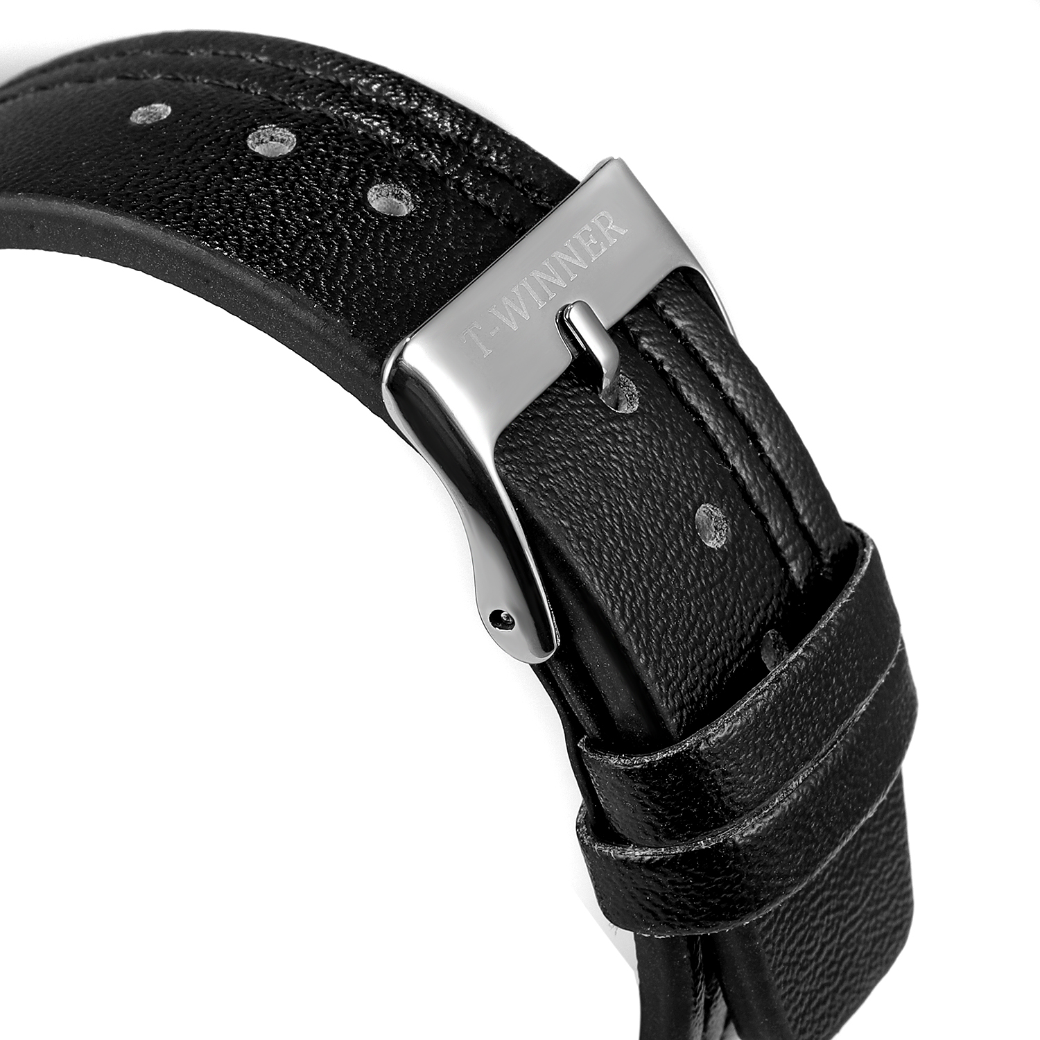 Мужские механические часы с автоматической цепью T-Winner 8165, простые деловые мужские наручные часы с маленьким циферблатом и ремешком из натуральной кожи